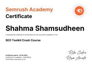 SEO Toolkit Certificate_Semrush Best Freelance Digital Marketer in Kerala